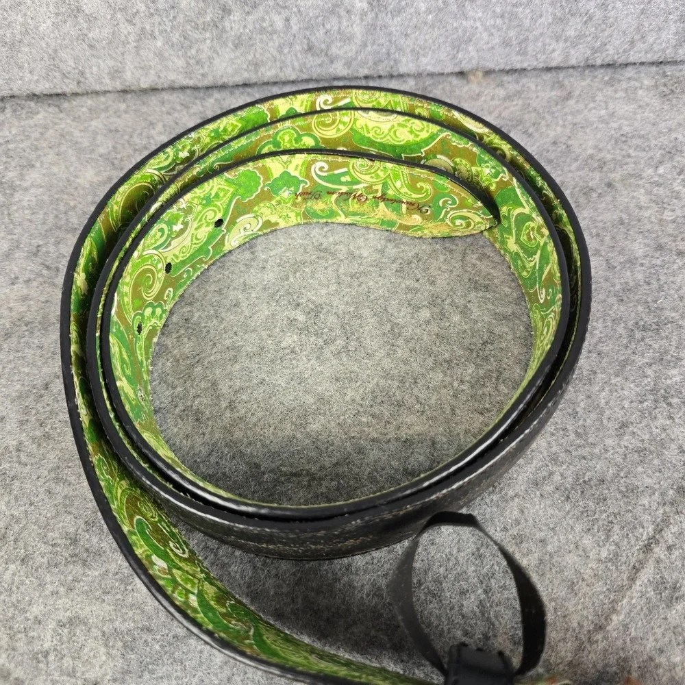 Robert Graham Belt Mens Black Leather Green Paisley Lining Silver Buckle 43